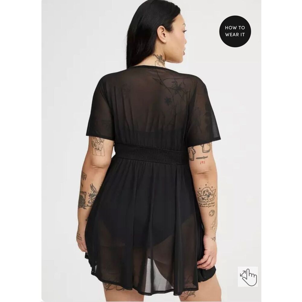 Torrid Deep Black Chiffon Smocked Waist Sheer Surplice Cover-Up Dress Size 1X - Picture 3 of 12